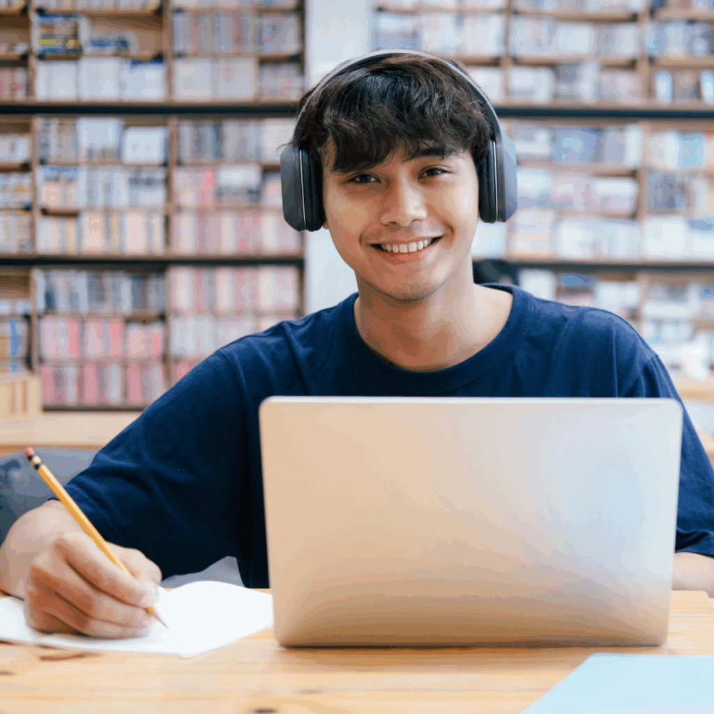 Student studying online with EdEx Online, using laptop and headphones in a library setting